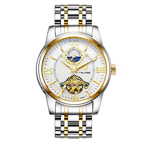 Hellery TEVISE Reloj Automático De Fase Lunar Mecánico Tourbillion Luminous Waterproof - Blanco y Oro