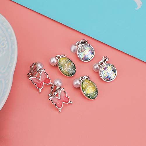 Hifot 14 Pares Pendientes Clip para Niñas Pendientes sin Agujero Unicornio Sirena Zorro Corona Flamenco Concha Clip en Pendientes de Vestir de Princesa para Niños Joyería de Fiesta