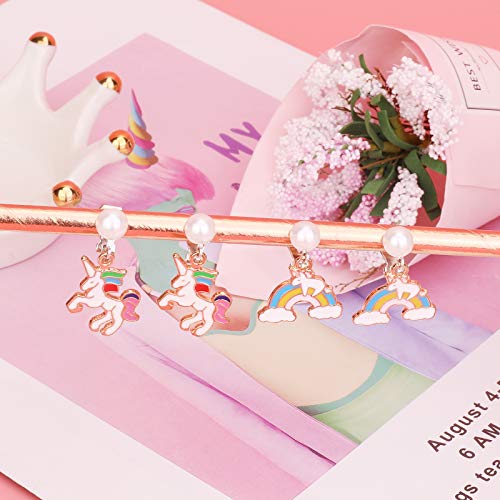 Hifot 14 Pares Pendientes Clip para Niñas Pendientes sin Agujero Unicornio Sirena Zorro Corona Flamenco Concha Clip en Pendientes de Vestir de Princesa para Niños Joyería de Fiesta