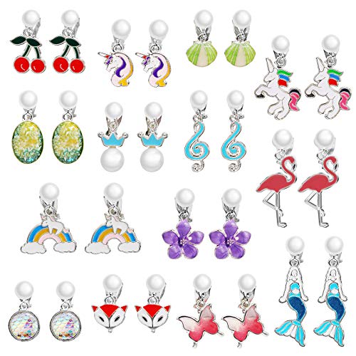 Hifot 14 Pares Pendientes Clip para Niñas Pendientes sin Agujero Unicornio Sirena Zorro Corona Flamenco Concha Clip en Pendientes de Vestir de Princesa para Niños Joyería de Fiesta