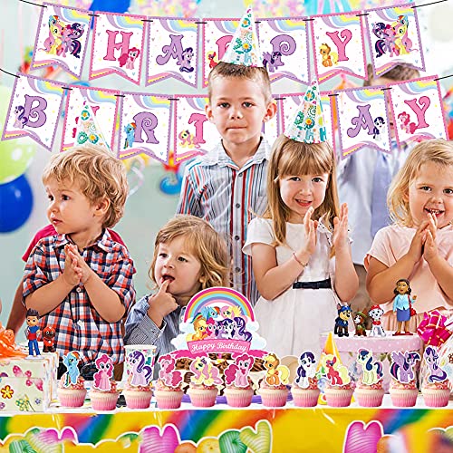 Hilloly My Little Pony Party Supplies, 32 Pcs Juego de Suministros para Fiestas de Cumpleaños para Niños con Pancartas de Globos de Cumpleaños Feliz DecoraciÓN De Tartas