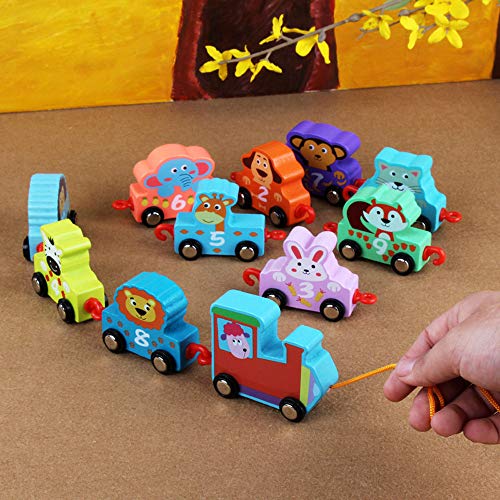 JOKFEICE Tren de Madera, Juego de 11 Piezas de vagones de Tren con número de Animales, Juego de Tren de Juguete para niños pequeños y niñas, Compatible con Las vías del Juego de Trenes Thomas