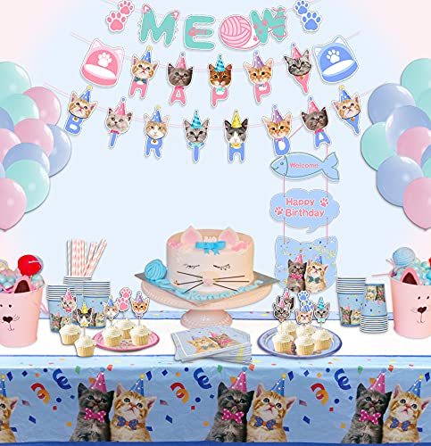 LSJDEER 210 Piezas del Partido del Gato de Disfraces Conjunto, Gatito desechable vajillas Incluyendo Bandera del Feliz cumpleaños Globos Macaron Platos Platos de Postre servilletas Vasos Cubiertos
