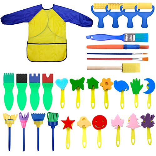 NATUCE Niños Esponja Pintura Cepillos Kit, Pintura de Dedos para Niños, 31 Piezas Temprano Aprendizaje Herramientas de Pintura con Impermeable Delantal para Artes DIY Artesanías