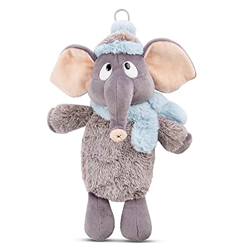 NICI 47297 2 en 1 Elefante Agua Caliente 350ml – Suaves Juguetes de Calentamiento niños – Peluches con Botellas para Cama Desde los 10 Meses, Gris/Azul, Color