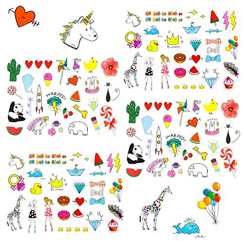 Oblique Unique® XXL Juego de tatuajes para niños, 208 unidades, para niña, unicornio, mariposa, corazón, panda y cebra Tatuajes temporales coloridos para cumpleaños infantiles.