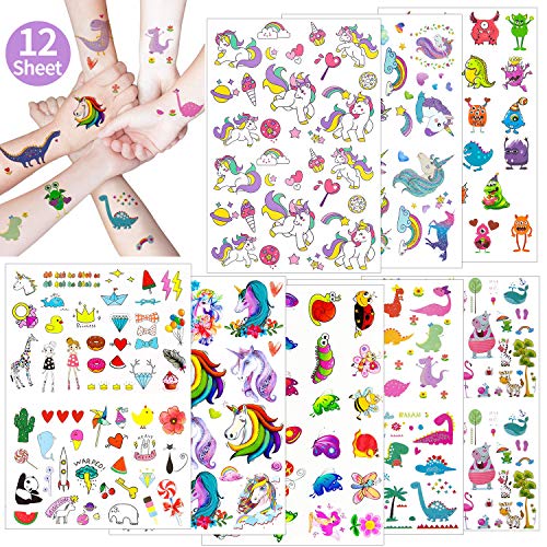Oblique Unique® XXL Juego de tatuajes para niños, 208 unidades, para niña, unicornio, mariposa, corazón, panda y cebra Tatuajes temporales coloridos para cumpleaños infantiles.