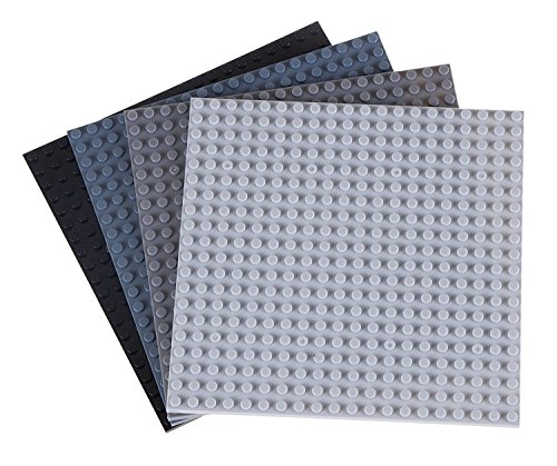 Pack de 4 Bases con Ladrillos separadores 2 x 2 - Construcción en Forma de Torre - Compatible con Todas Las Marcas - Negro y Gris - 15,24 x 15,24 cm