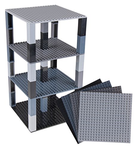Pack de 4 Bases con Ladrillos separadores 2 x 2 - Construcción en Forma de Torre - Compatible con Todas Las Marcas - Negro y Gris - 15,24 x 15,24 cm