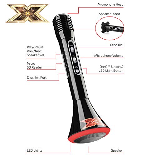 The X Factor- Karaoke XF1-Altavoz de micrófono con Bluetooth, Luces LED y función de Eco, Color Negro, L25.5X H8x W8cm (Toyrific TY6012)