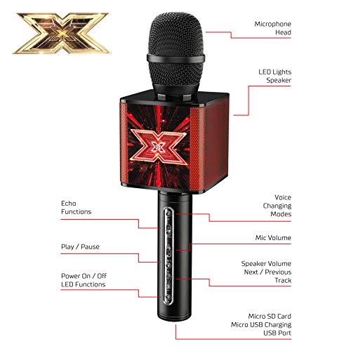 The X Factor- X Factor Karaoke - Altavoz con Bluetooth, Luces LED, Cambio de Eco y Voz XF2, Color Negro, L26.5cm x W8cm x D8cm / Box Size: H 27.5cm x D 8.5 (Toyrific TY6013)