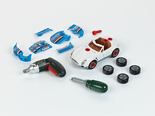 Theo Klein 8668 Set de tuneado Bosch, Coche desmontable con accesorios de tuneado, Con destornillador eléctrico Ixolino a pilas, Medidas: 20.5 cm x 9.5 cm x 6 cm, Juguete para niños a partir de 3 años