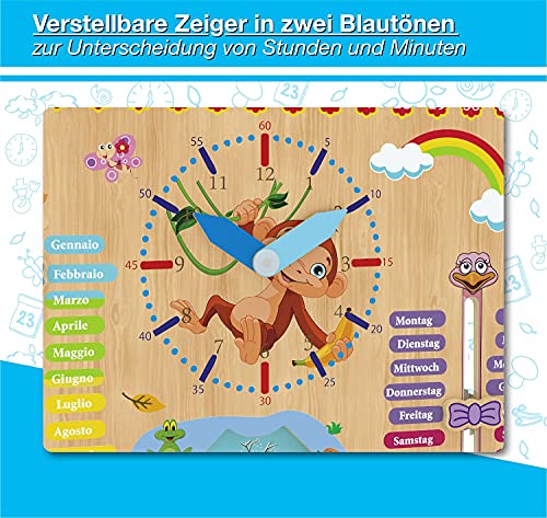 WoodyWood® Reloj de calendario para niños, de madera, juguete educativo, 30 x 30 cm, bilingüe