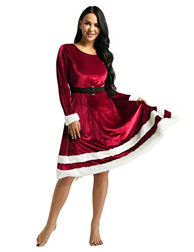 YiZYiF Vestido Navidad Mujer Chica Disfraz Mamá Noel Vestido Largo de Terciopelo Abrigante Traje Santa Claus Conjunto Navideño Disfraces Nochebuena Rojo X-Large