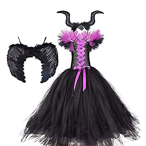 Yokbeer 3pcs Set Niñas Maléfica Bruja Malvada Disfraz de Reina Malvada Hada Malvada Cosplay Carnaval de Halloween con Alas de Cuerno Vestido de Princesa Vestido de Tul de Punto Vestido Festivo Trajes